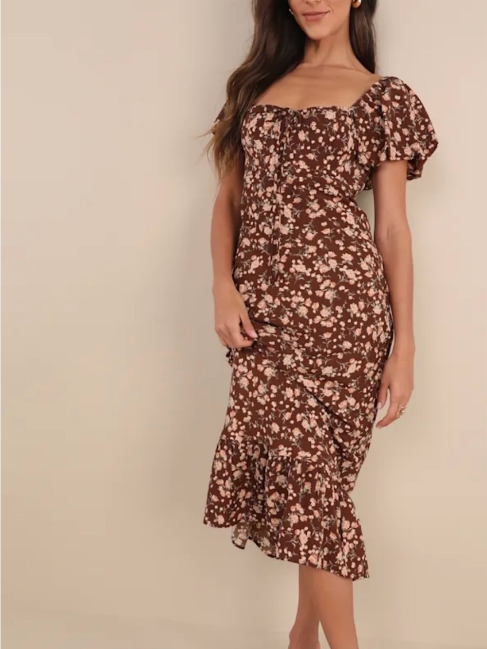 NWT Lulu's Brown Floral Puff-Sleeve Midi Dress